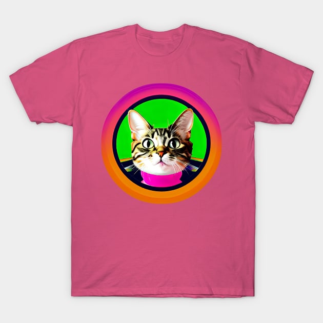 Portrait Of A Funny Tabby Cat In Pink Sweater Inside The Colorful Round Frame T-Shirt by funfun